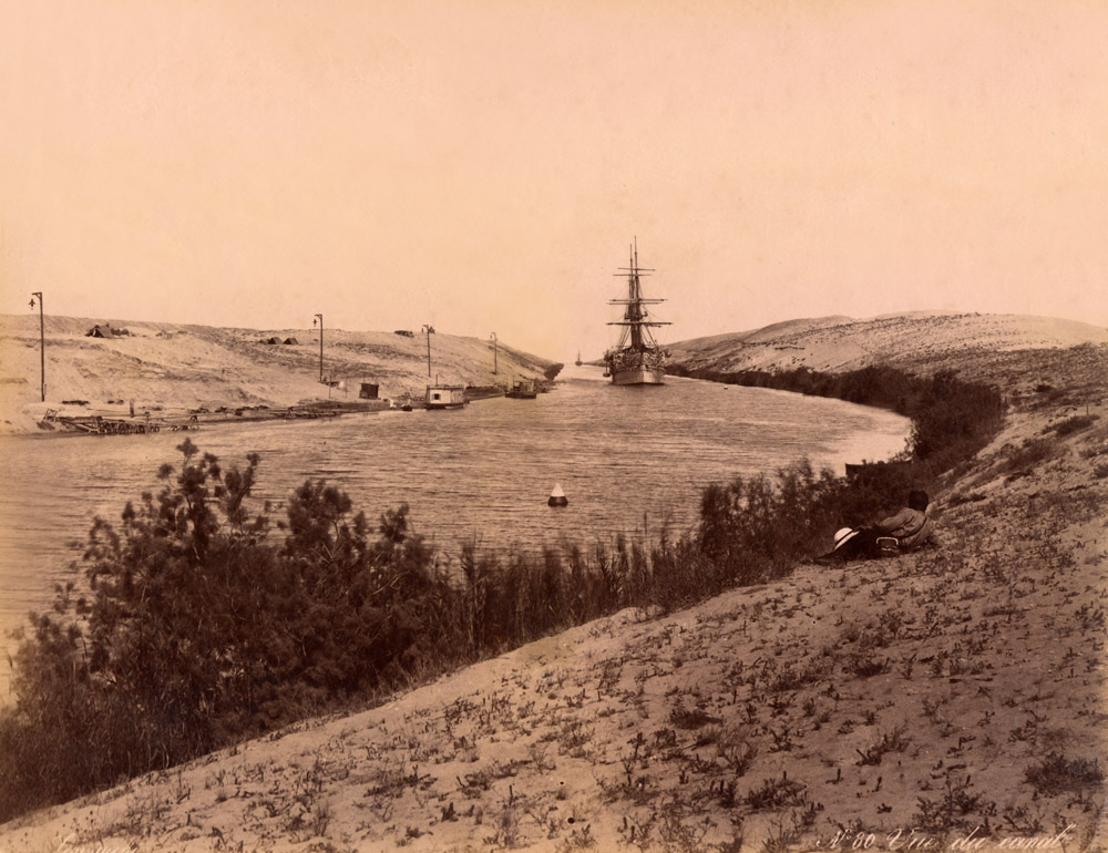 Suez Canal with Ship, Egypt. Photo by Zangaki, Albumen 1880 ca