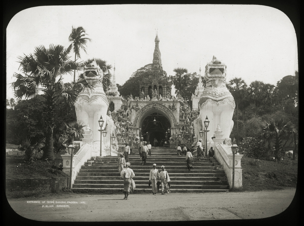Entrance of Schwe Dagon Pagoda, Rangoon. Klier