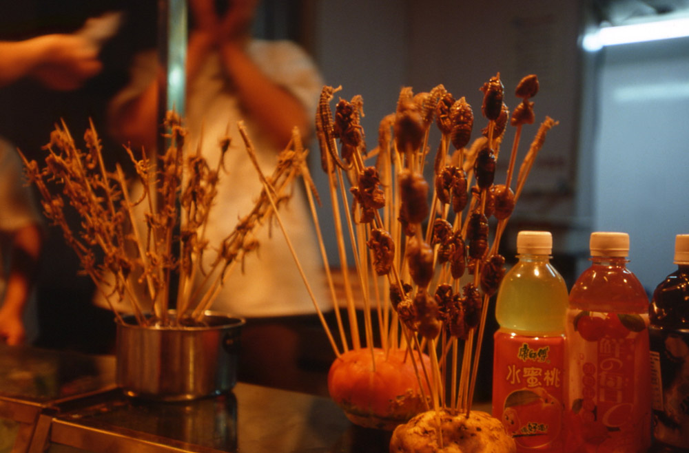 Scorpios and other insects showed for appetizers outside a restaurant. Beijing, China 2005 - © Carlo Sacco