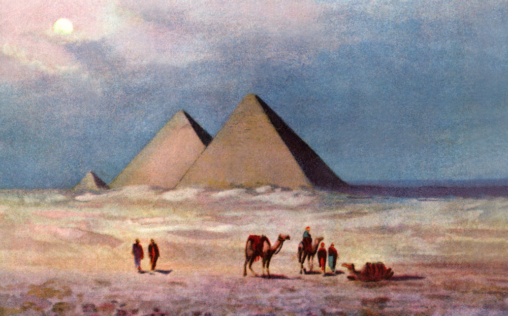 Pyramids on the moonlight. Circa 1950