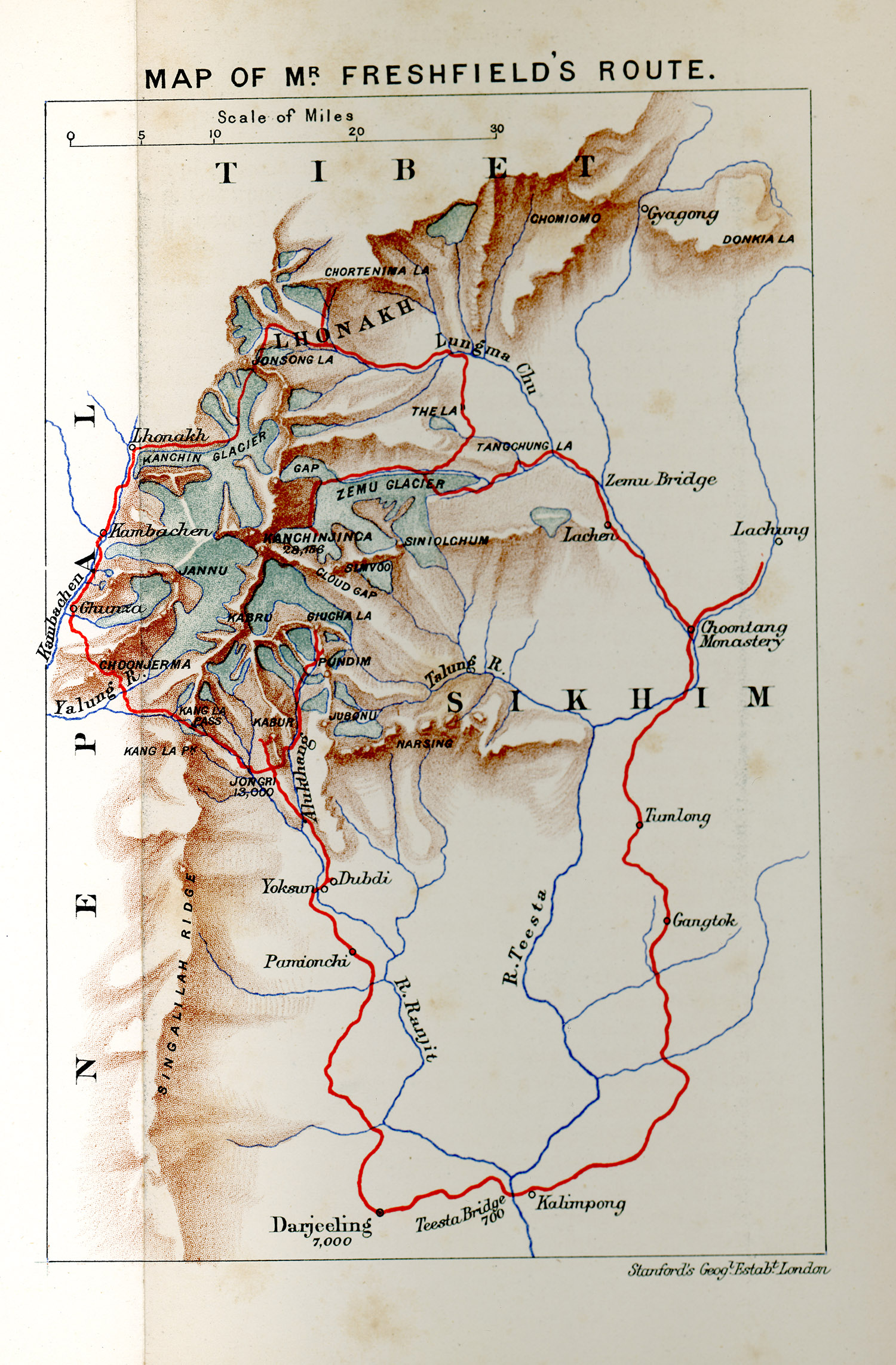 Map of  Route of Freshfield to Kanchenjunga near Darjeeling