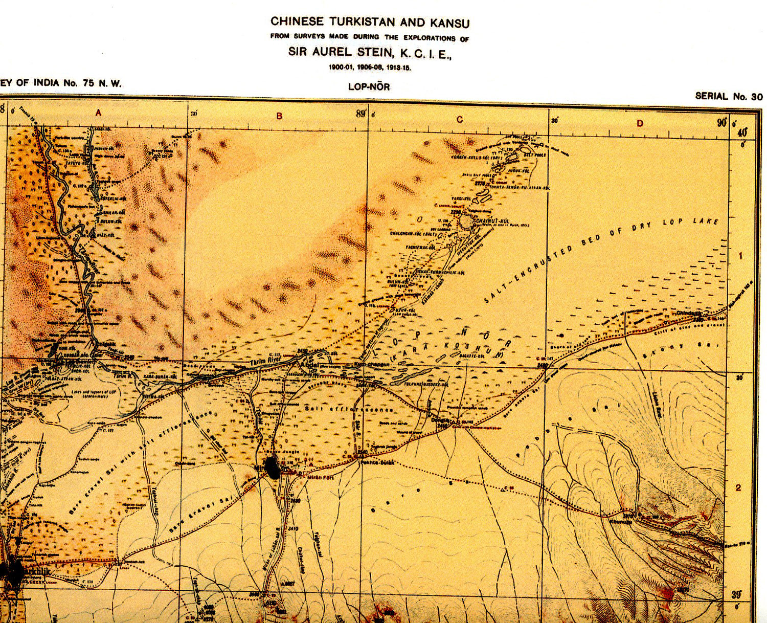 Map of Chinese Turkestan and Kansu  by Exploration of Sir Aurel Stein 1900-1901,1906-1908,1913-1915. Lop Nor Area.