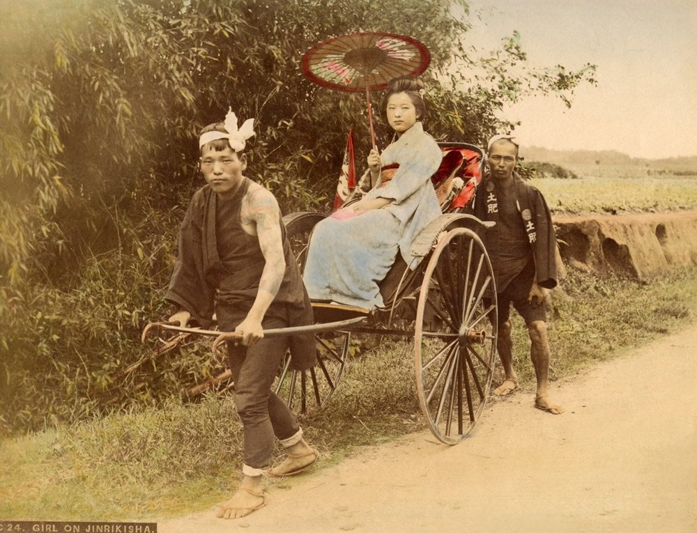Girl on Jinrikisha. T.Fakasawa. Hand Coloured Albumen