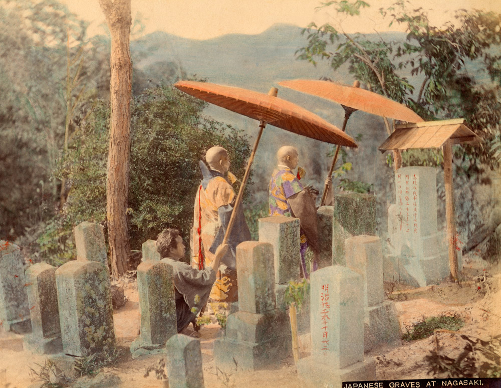 Japanese graves at Nagasaki. Photographer unknown. Handcoloured Albumen