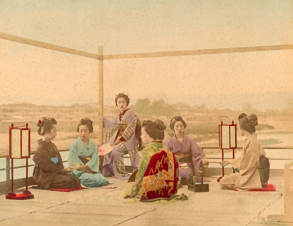 Outside tea cerimony. Photographer unknown. Handcoloured albumen