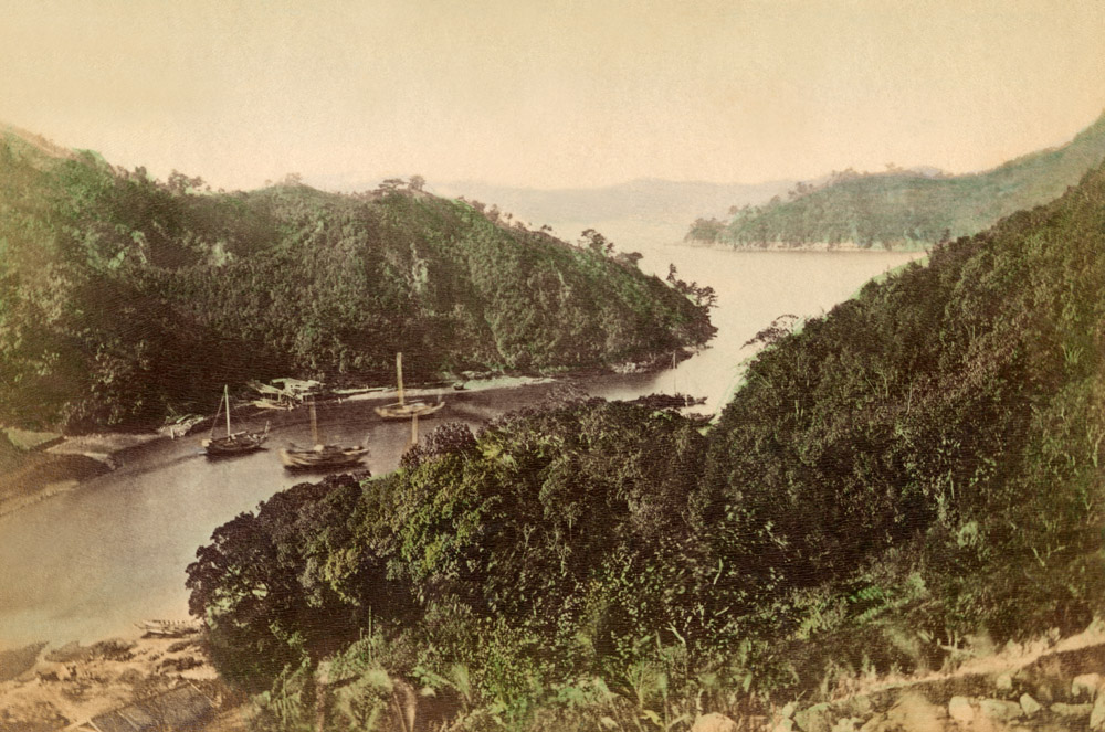 Nagasaki harbour and Takahokjimka. Attributed to Uchida Kuichi. Hand coloured albumen 1870
