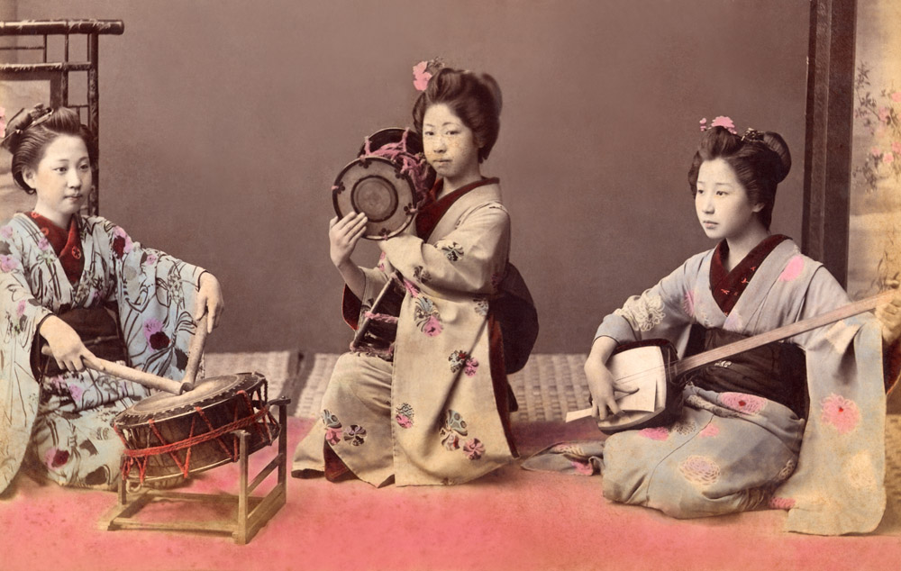 Taiko,Tsudzumi,Shamizen. Photographer Unknown. Handtinted Albumen
