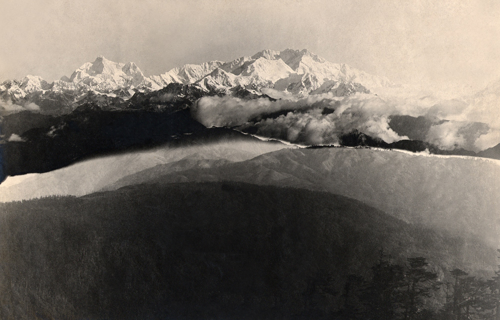 Silverprint. Sikkim Himalayas, Mount Kanchenjunga near Darjeeling 1900 ca