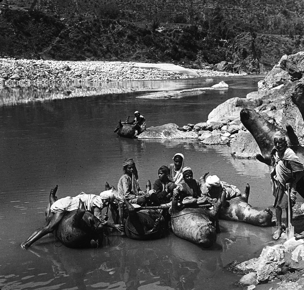 Inflated bullock skins for ferry boats in Sutlej River. India 1900 ca