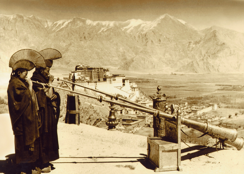 Tibetan Monks .Tibet beginning of 1900. Silver print