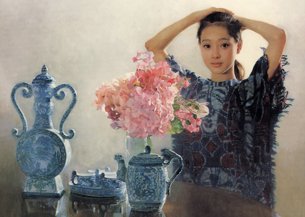 Chinese girl with blue and white ceramics