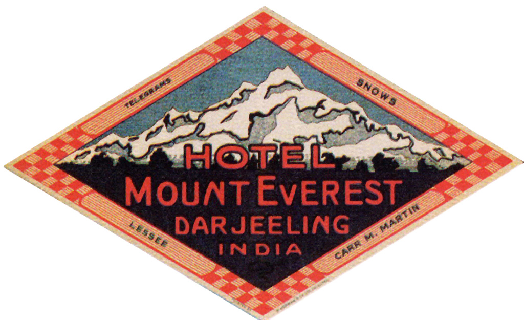 Mount Everest hotel baggage label. Darjeeling, India 1940 ca.