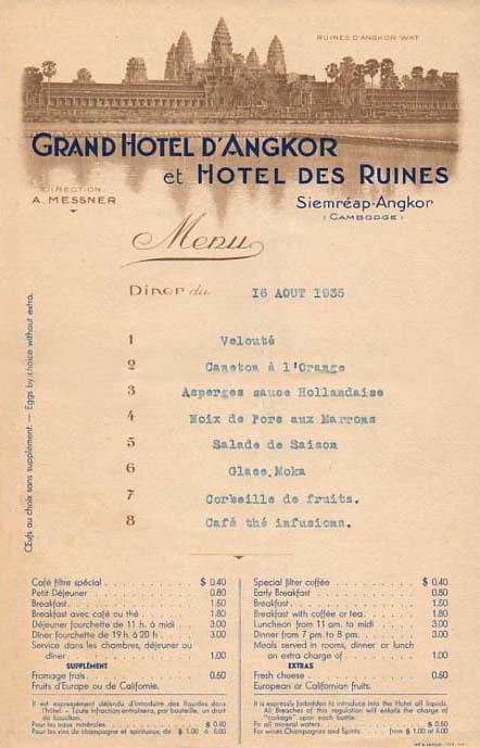 Dinner Menu Grand Hotel d'Angkor. Siem Reap. Cambodia. August 1935