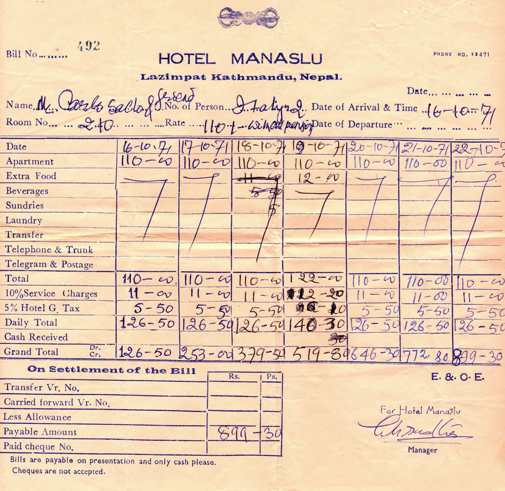 Hotel Manaslu bill. Kathmandu. Nepal 1971