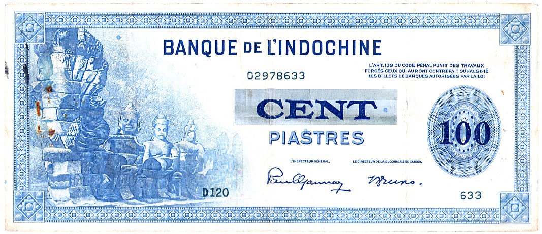 100 Piastres. Currency of French Indochina