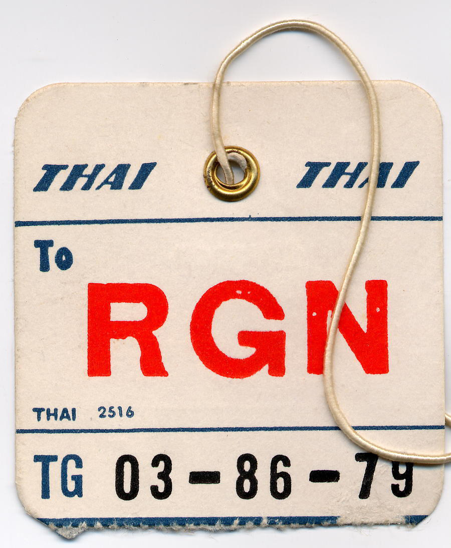 Thai Airways  air baggage label Bangkok-Rangoon. May 1974