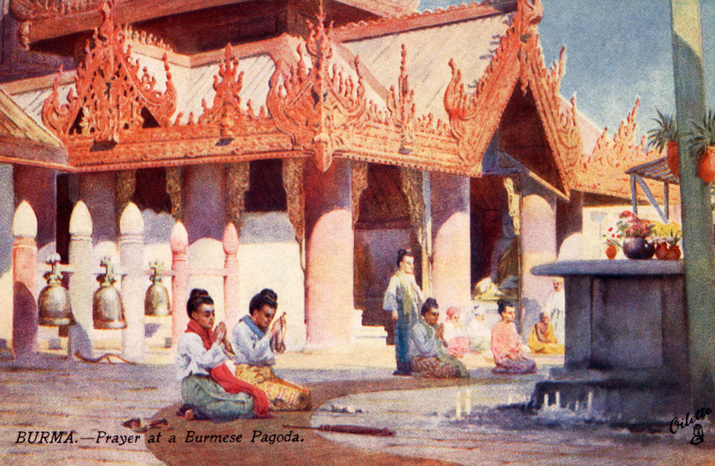 Schwe Tsan-Daw Pagoda hand tinted postcard. Prome, Burma