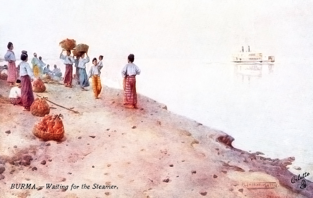 The Old Steamer on Irrawadi. Burmese handtinted Stuck's Postcard