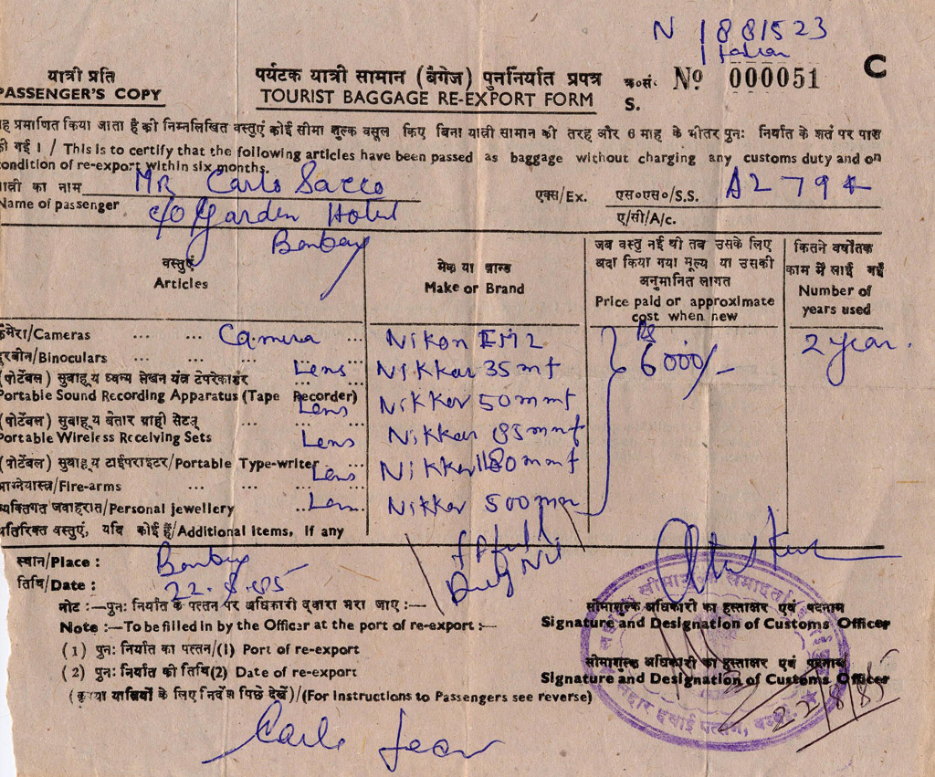 Custom declaration re-export from India for Photographic Material. 1985