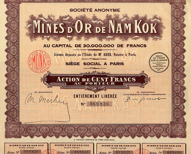 Stocks gold mines of Nam Kok, French Indochina