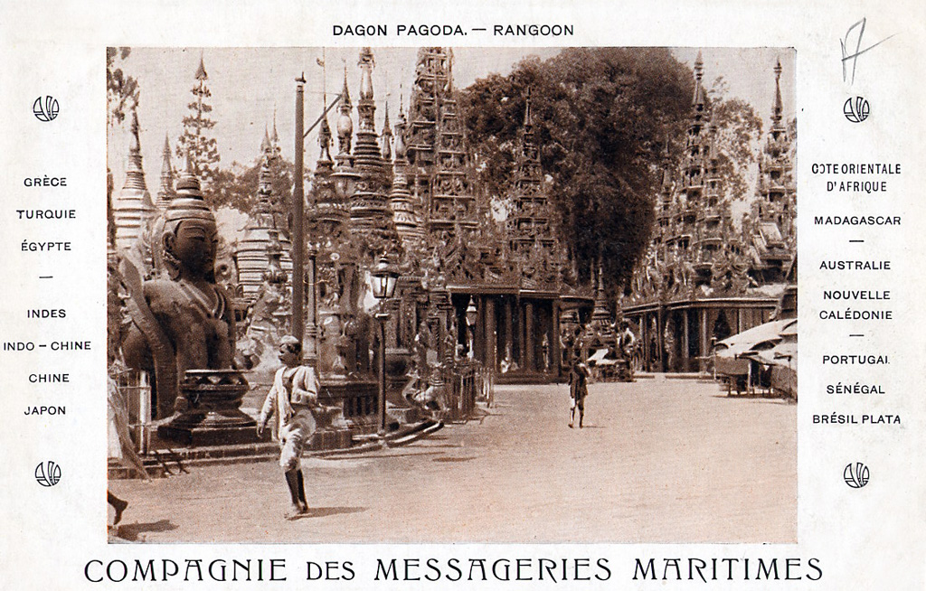 Compagnie des Messageries Maritimes Post card showing Schwe Dagon in Rangoon, Burma