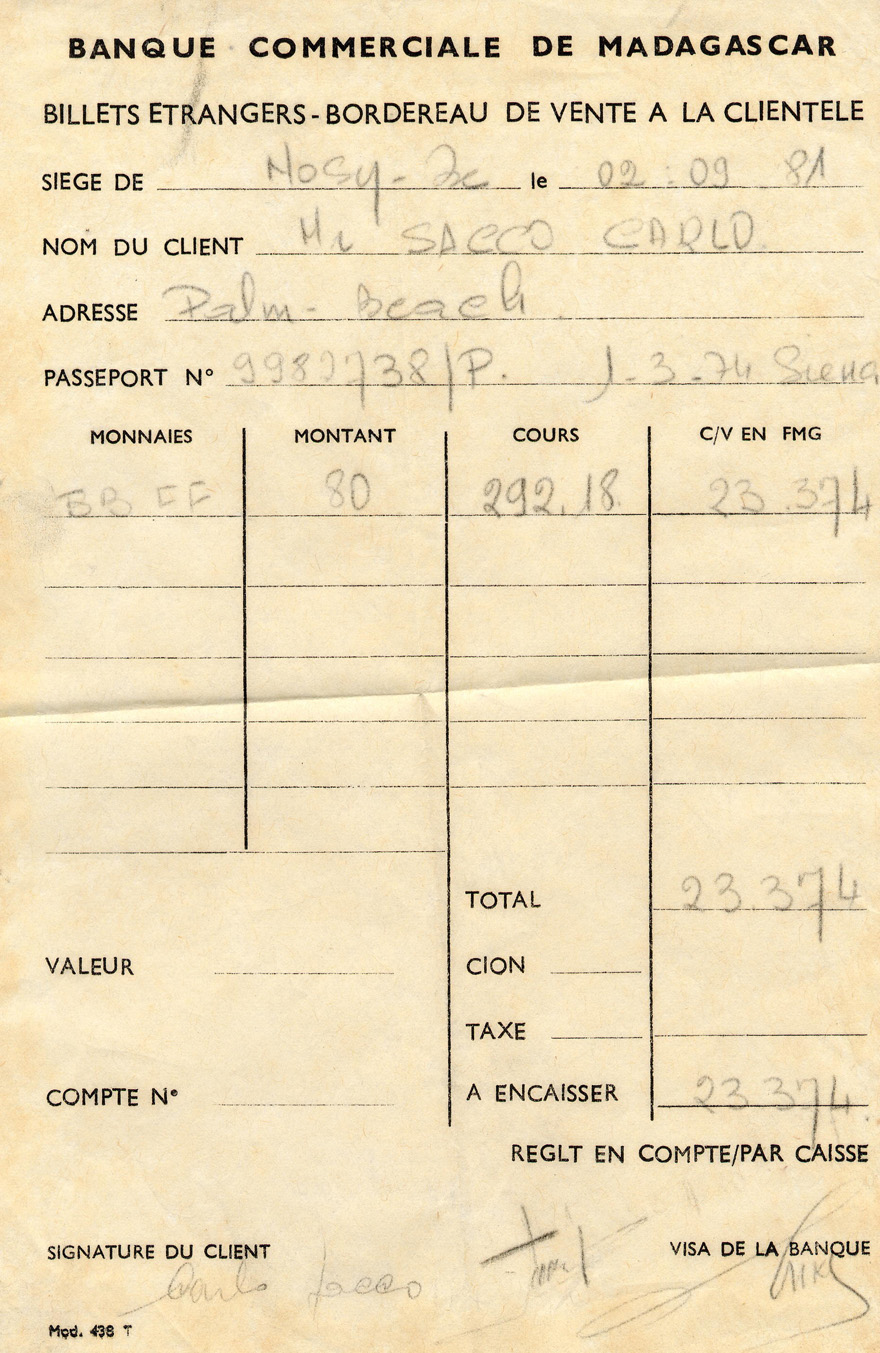 Nosy Be exchange banking receipt. Hell Ville, Madagascar 1981 