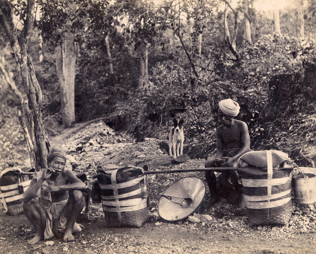  Kachins during a meal. Burma 1890 ca. Albumen