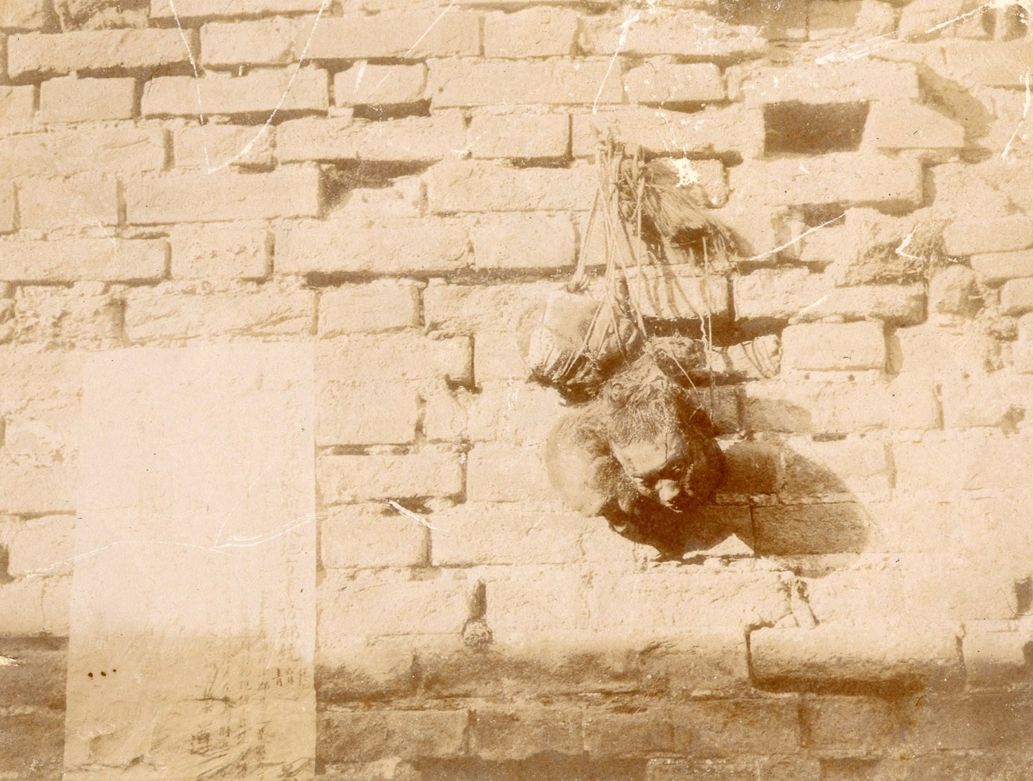 Albumen photograph of behaded hanging along a street wall at Tien Tsin during Boxer's Uprising. 1901 Carlo Sacco Collection.