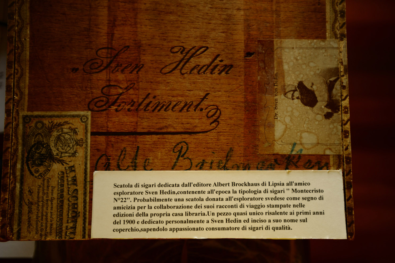 Montecristo Cigar Box with personalized carved name of Sven Hedin as Gift of the editor Brockhaus to the famous explorer. Carlo Sacco Collection.
