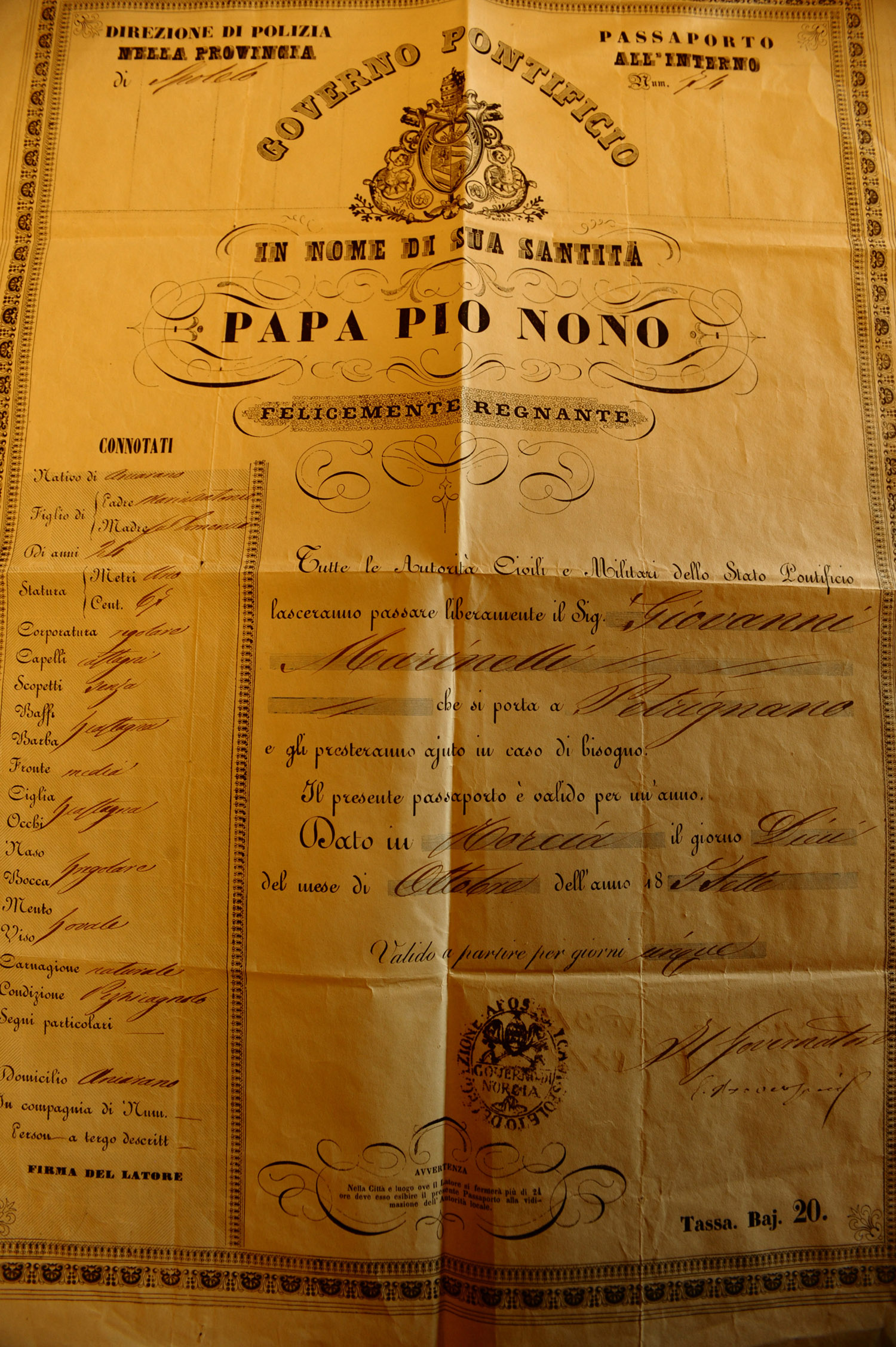 State of the Church passaport delivered by Pope Pius IX. Carlo Sacco Collection.
