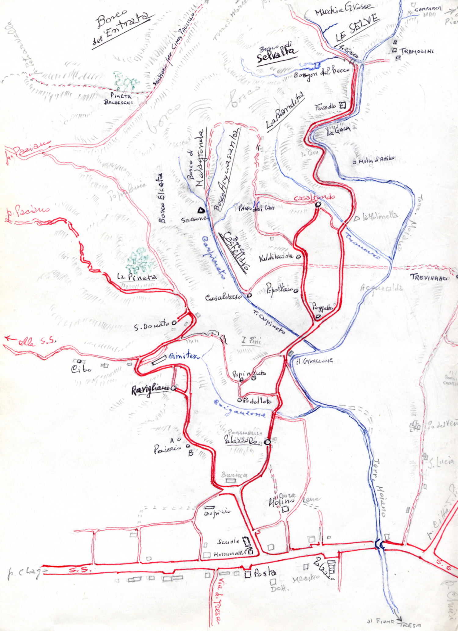 Map of operation area of Risorgimento Partisan Brigade drawn by Solismo Sacco. 1944 .Carlo Sacco Collection. 