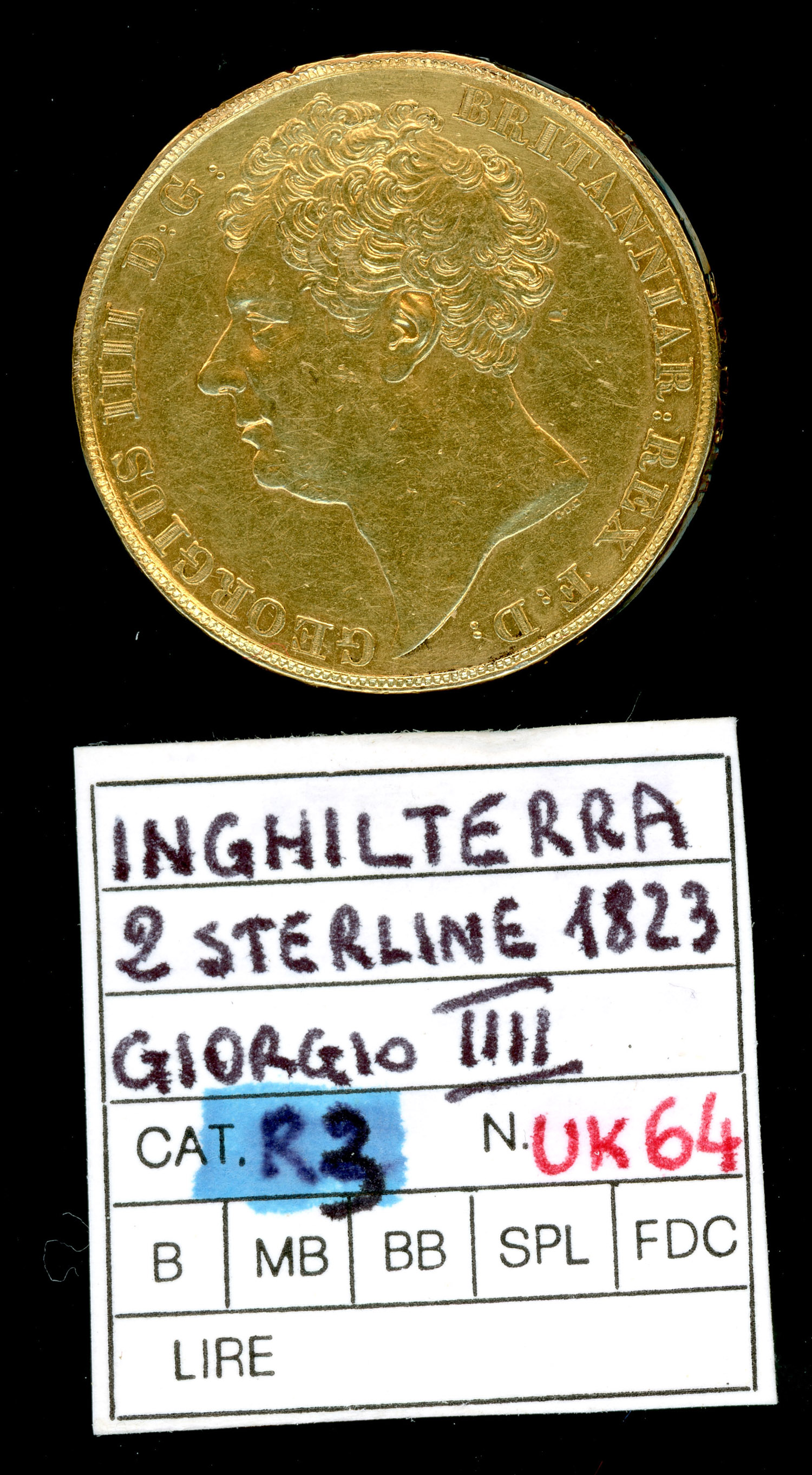 Two Pounds King George III Gold Coin 1823. 3rd grade rarity. Carlo Sacco Collection. 