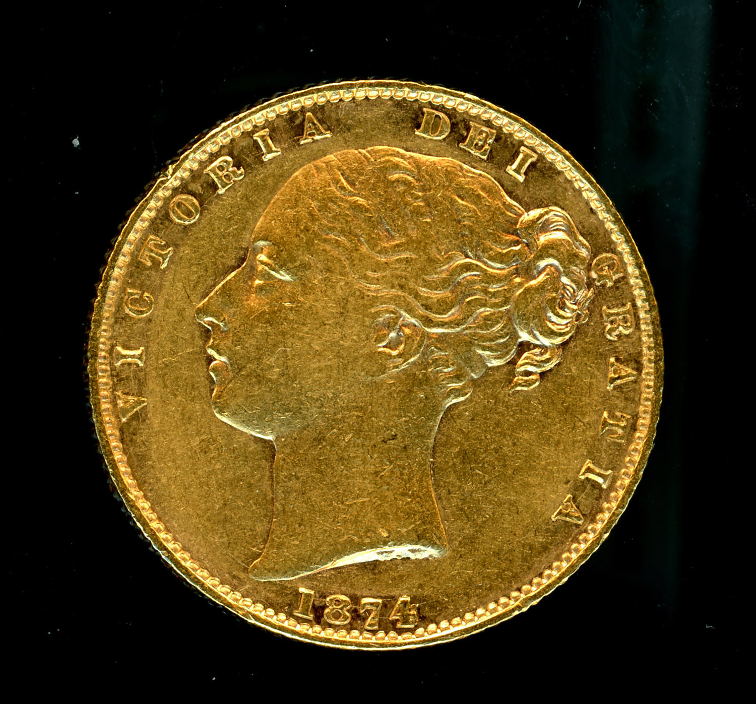 Queen's Victoria Gold coin 1874 London Mint.Estimed less than 15 pieces existing. 4th Grade Rarity.Carlo Sacco Collection.
