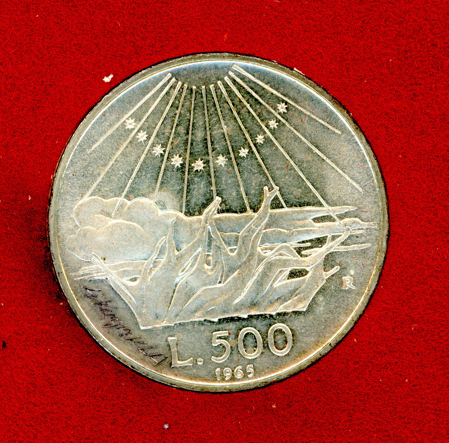 Dante Alighieri's 500 lire Silver Coin 1965 carved and signed on the occasion by engraver Prof. Verginelli. Special gift to Amedeo Di Cicco. Unic piece existing . Carlo Sacco Collection.