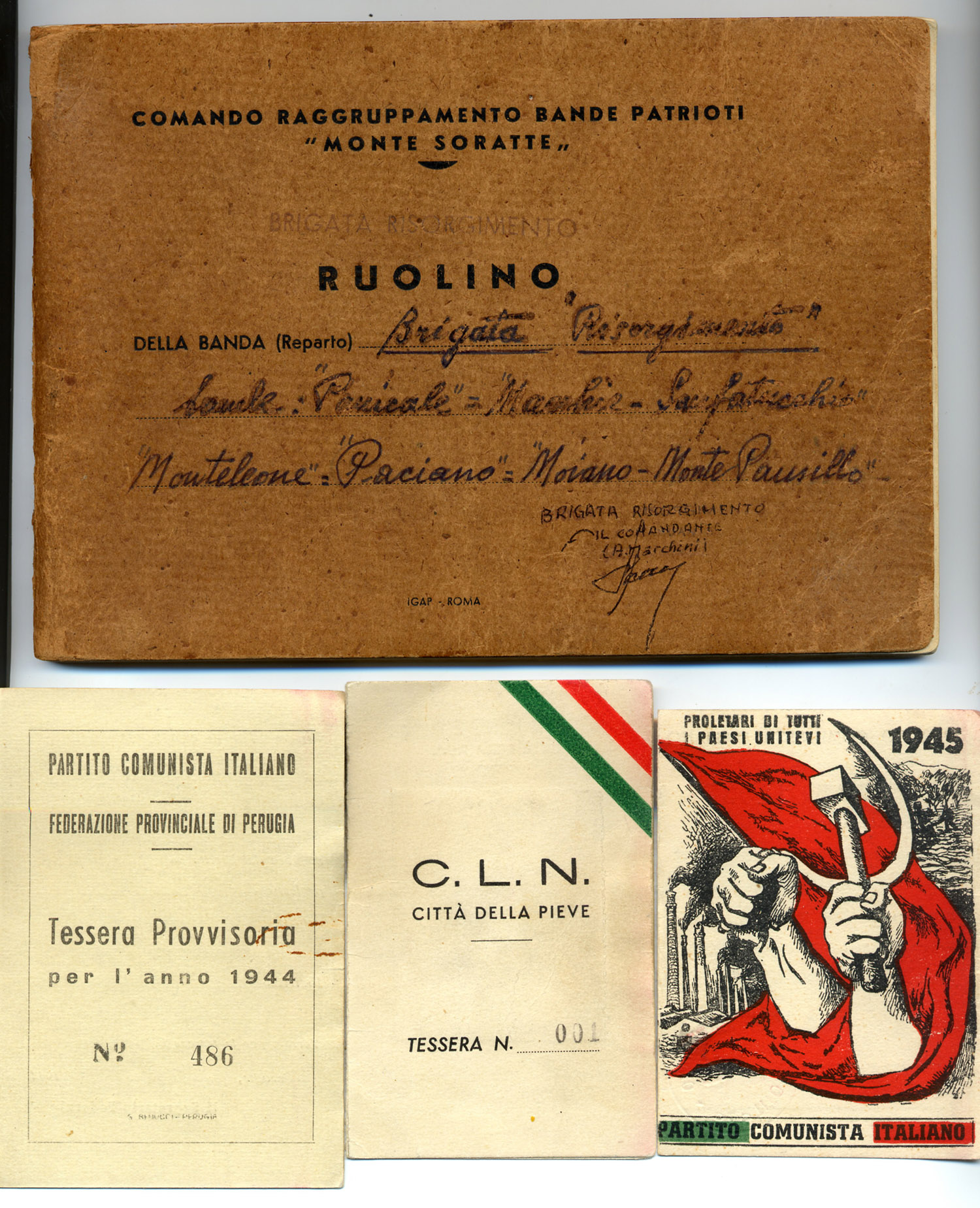 Roster of Risorgimento Partisan Brigade and very rare 1944 PCI provisional card and other rare politic cards.Carlo Sacco Collection.
