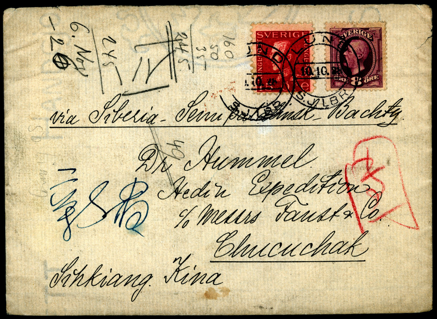 Cover addressed to Dr.Hummel,Sven Hedin's Expedition member to China .1928.Carlo Sacco Collection.