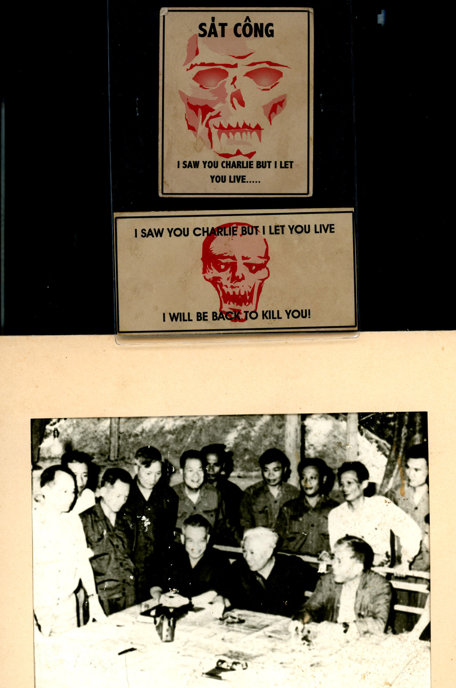 American Psycological Propaganda Flyers used during Vietnam War and photograph of High Grade Military ARVN South Vietnamese  guerrilla  meeting where the last attack to Saigon was decided. 1975.Carlo Sacco Collection.
