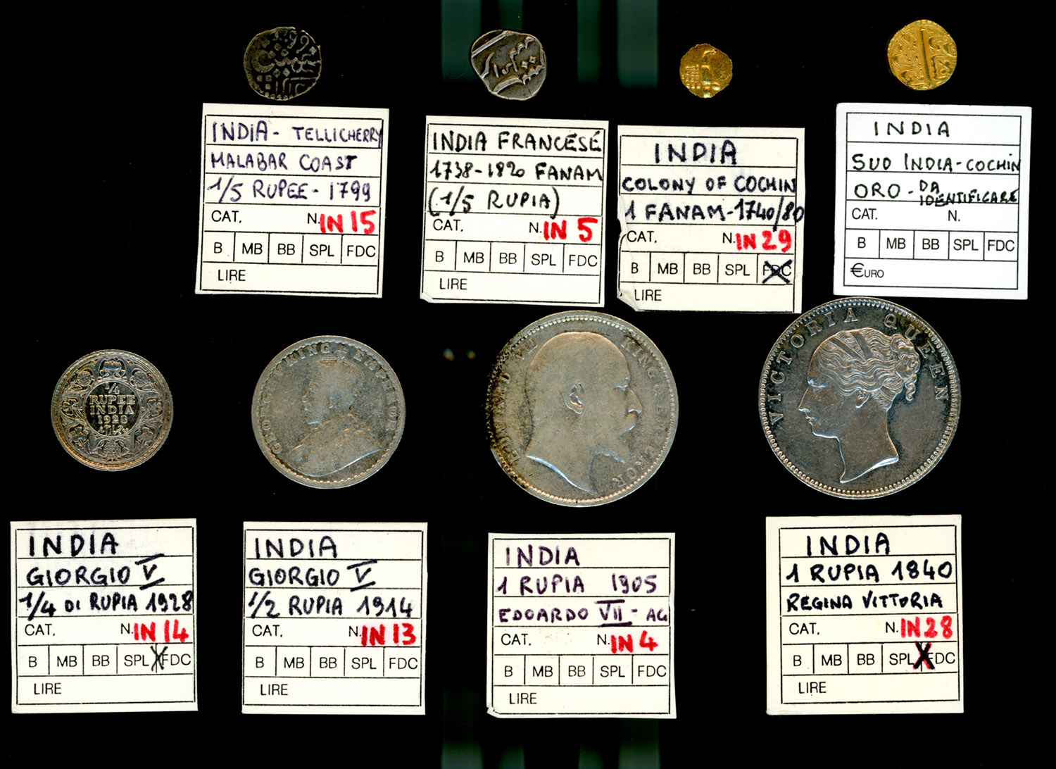 Gold and Silver indian coins of the period of East India Company.Carlo Sacco Collection.
