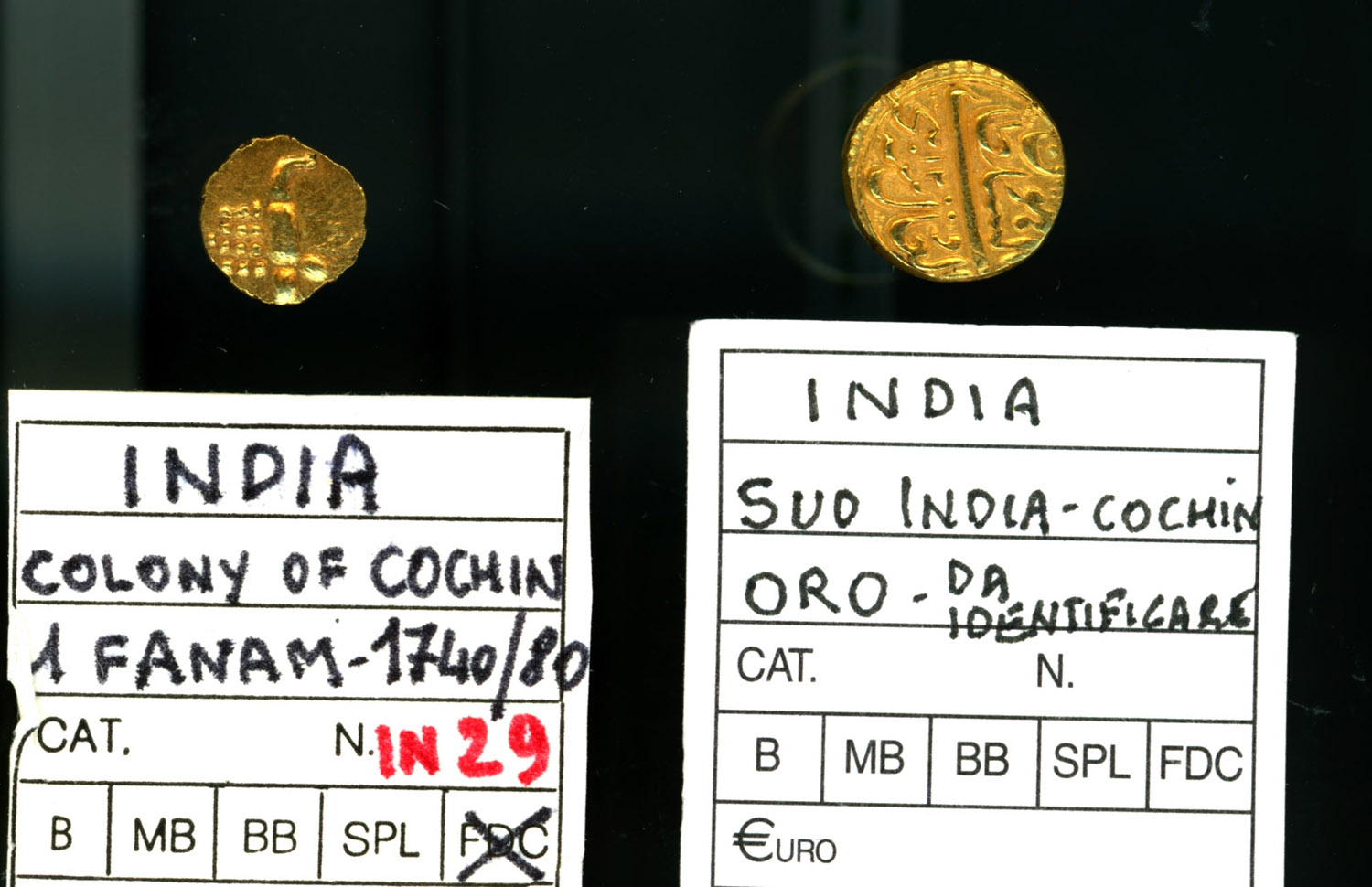 Golden South India State coins. Carlo Sacco Collection.
