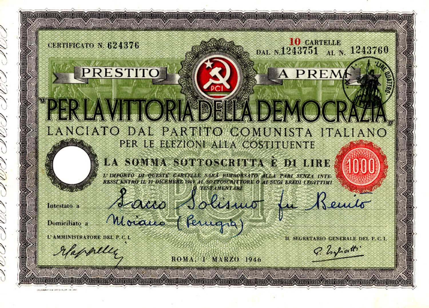 Title of the Loan launched by Italian communist party for the Constituent Assembly .1946