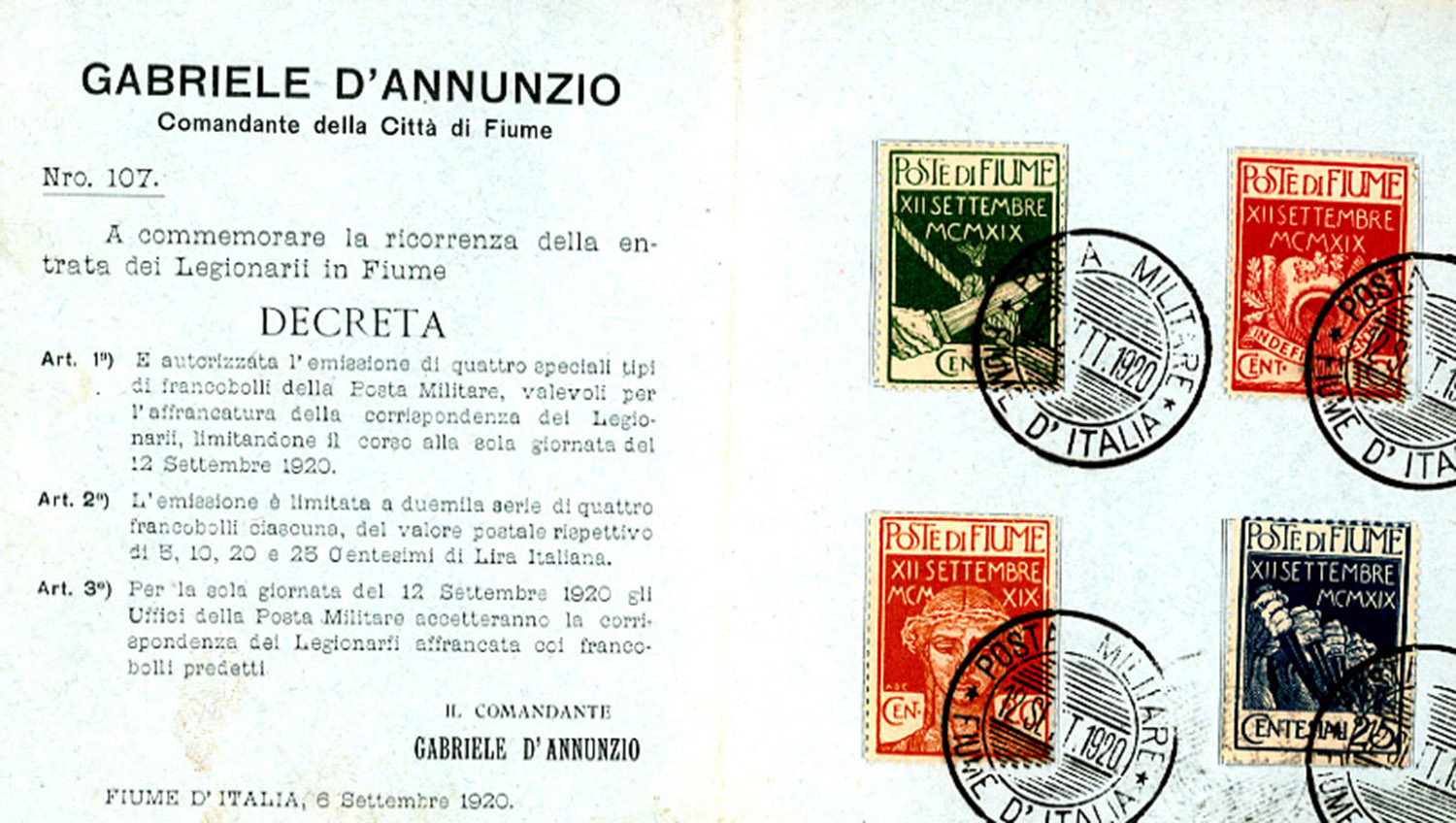 Special issue stamp series commemorating the legionarie's entry to Fiume on 6th Sept.1920.Carlo Sacco Collection.
