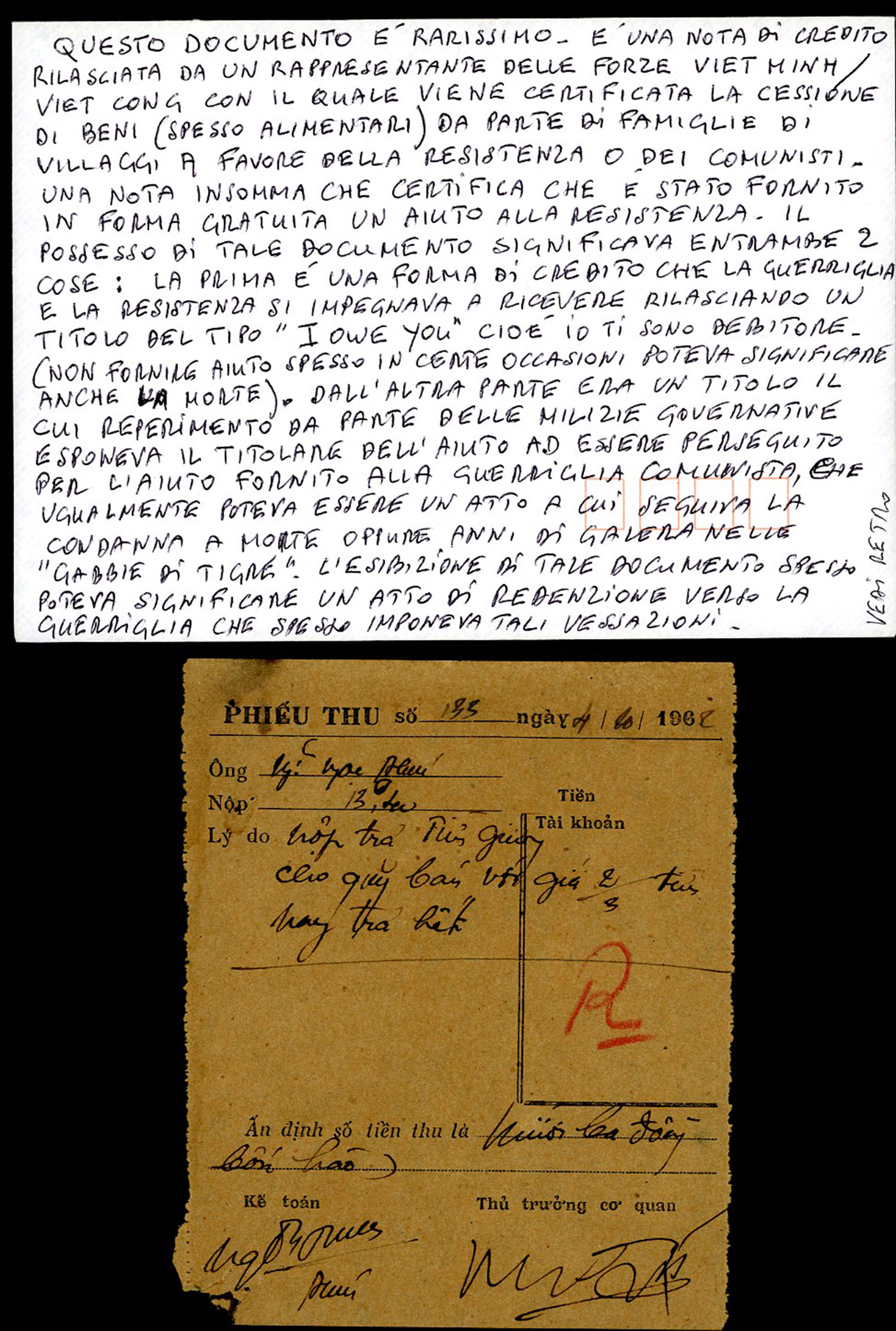 Communist Guerrilla Debit Note for Food Supply released to someone in a South Vietnamese Village as form of debit for Anti american resistence.Carlo Sacco Collection.